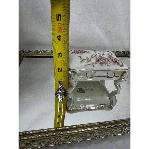 Vtg Arnart Creations Lidded Footed Trinket Dish w/ Gold Trim and Rose Transfer - Picture 6 of 8